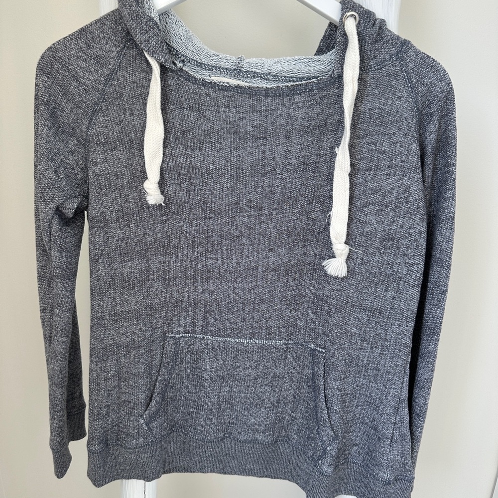 Ocean Drive Textured Hoodie with Cream Drawstrings Blue Grey Color Size Small